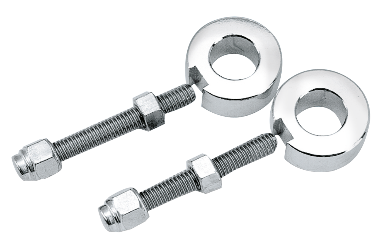 CHROME REAR WHEEL ADJUSTERS - Fits Softail 1987-1999, V-Twin Mfg. (OEM 47577-86 with 47579-86 and 7783)
Complete selection of rear wheel adjusters for most models 1941 to present. Each kit is beautifully chrome plated and ready to install. Sold in pairs.