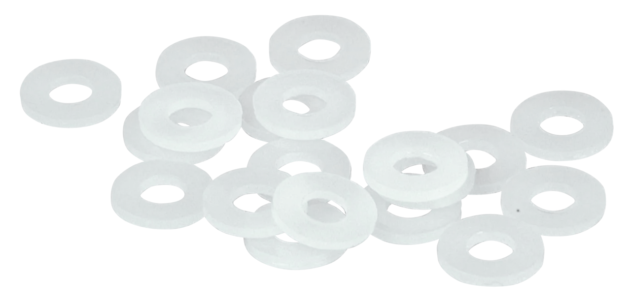 NYLON WASHERS FOR 1/4" SCREWS - Nylon washer, 1/4" x 9/16" x 1/16", 20-pack, Genuine James (OEM 6410)
These nylon washers are used under the seat mount screw, air cleaner backing plates and numerous other places.