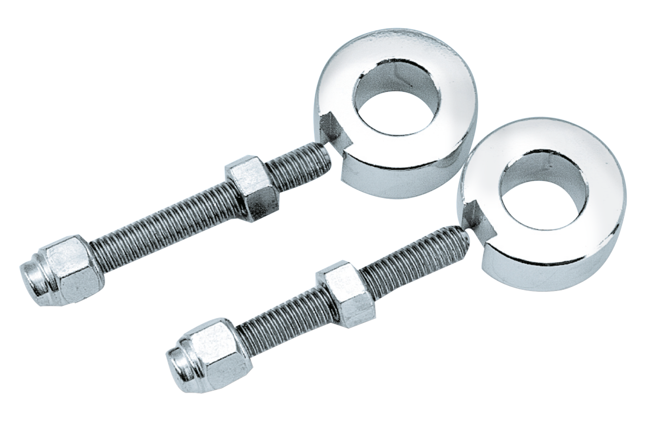 CHROME REAR WHEEL ADJUSTERS - Fits Softail 1987-1999, V-Twin Mfg. (OEM 47577-86 with 47579-86 and 7783)

Complete selection of rear wheel adjusters for most models 1941 to present. Each kit is beautifully chrome plated and ready to install. Sold in pairs.