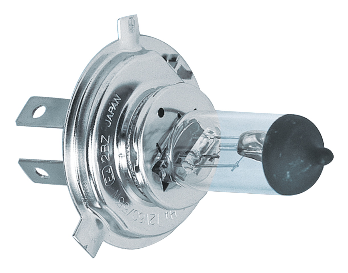 H4 BULB FOR HALOGEN HEADLIGHT - Replacement bulb, 12 Volt 60/55 Watt H4, halogen, EC approved

Replacement bulbs for all H4 type light units. Resistant to vibration and shock. Specially designed and developed for motorcycle use.