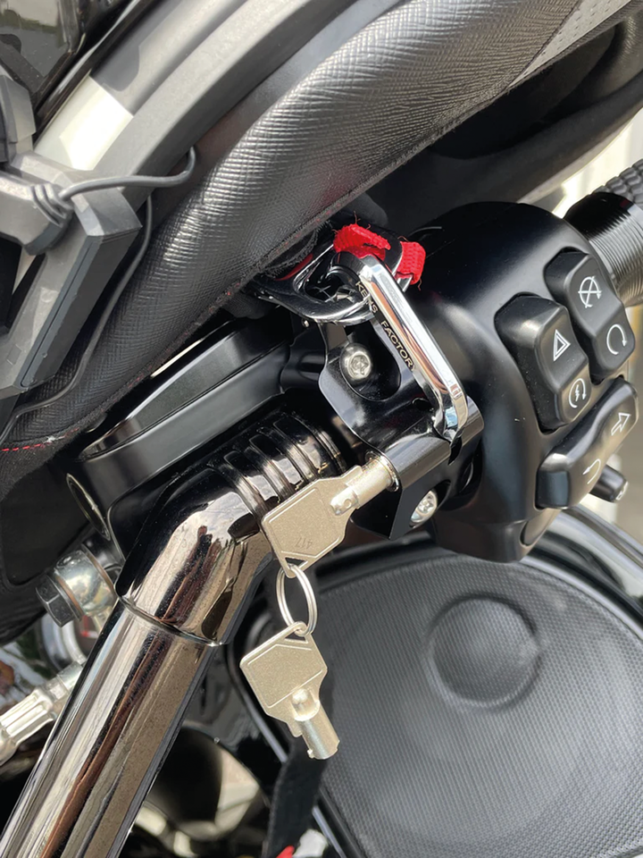 KEN'S FACTORY HANDLEBAR CONTROL MOUNTED HELMET LOCK | Dyna | FXR | Softail | Sportster | Touring | Trike | V-Rod